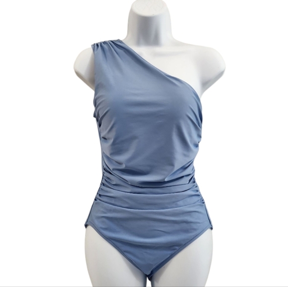 J Crew Sky Blue Ruched One Shoulder One Piece Swimsuit. Size 8 - Picture 3 of 10